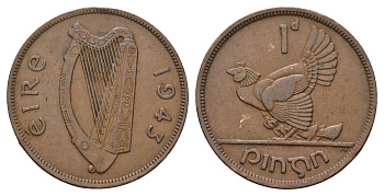 Ирландия 1 пенни 1943 курица с цыплятами KM 11 бронза 4672-811