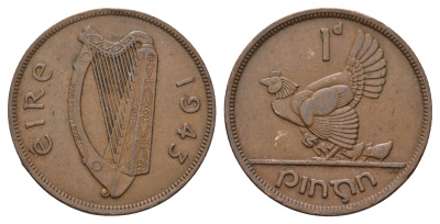 Ирландия 1 пенни 1943 курица с цыплятами KM 11 бронза 4672-811