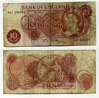 АНГЛИЯ 10 ШИЛЛИНГОВ 1966-1970 ПОДПИСЬ FORDE Pick 373c бумага 8589-21-3-2