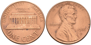 США 1 ЦЕНТ 1986 D ЛИНКОЛЬН KM 201b цинк плакированный медью 188-334