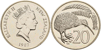 Новая Зеландия 20 центов 1987 Елизавета II (1952-2022), птичка киви KM 62 медно-никель PROOF 3711-1412