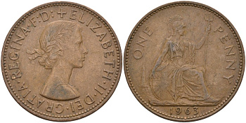 Великобритания 1 пенни 1963 Елизавета II (1952-2022) KM 897, Spink 4157 бронза 4574-216