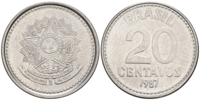 Бразилия 20 сентаво 1987 герб KM 603, Schon 112 нержавеющая сталь 187-534