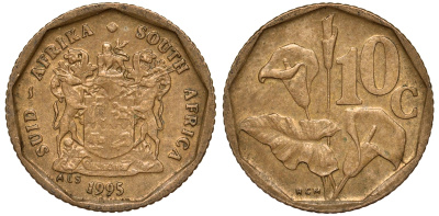 ЮАР 10 центов 1995 цветок KM 135 сталь плакированная латунью 4164-513