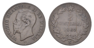 Италия 2 чентезимо 1862 N, Виктор Эммануил II (1861-1878) KM 2.2 медь 4580-1213