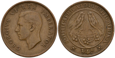 ЮАР 1/4 пенни 1944 Георг VI (1937-1952) KM 23 бронза 4164-636