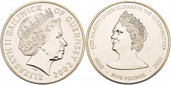 Гернси 5 фунтов 2002 королева Елизавета, королева мать KM 127 медно-никель UNC 04-092-41