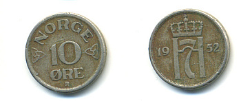 НОРВЕГИЯ 10 ЭРЕ 1952 ХОКОН VII KM 396 медно-никель 89-317