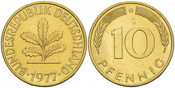 ФРГ 10 ПФЕННИГОВ 1977 G KM 108, J.383 сталь плакированная латунью 4544-1127