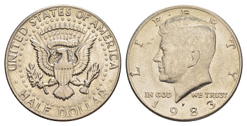 США 1/2 доллара (50 центов) 1983 P, Джон Кеннеди KM A202b медь плакированная медно-никелем aUNC 180-923