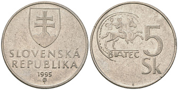 Словакия 5 крон 1995 MK KM 14 сталь плакировнная никелем 4584-155