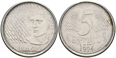 Бразилия 5 сентаво 1997 реформа 1994-, голова свободы влево KM 632 нержавеющая сталь 87-432