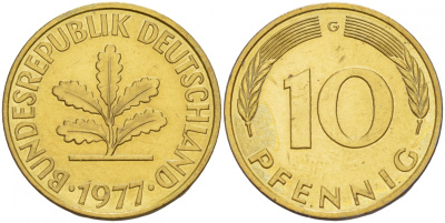 ФРГ 10 ПФЕННИГОВ 1977 G KM 108, J.383 сталь плакированная латунью 4544-1127
