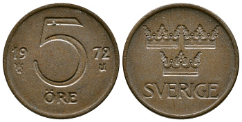 Швеция 5 эре 1972 U, Густав VI Адольф (1950-1973) первый год KM 845 бронза 3458-143