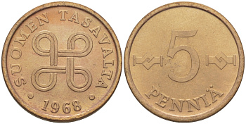 ФИНЛЯНДИЯ 5 ПЕННИ 1968 KM 45 медь 100-161