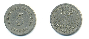 ГЕРМАНИЯ 5 ПФЕННИГОВ 1894 J, KM 11, J. 12 медно-никель 4379-369