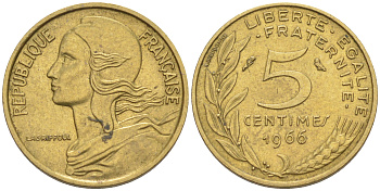 Франция 5 сантимов 1966 тип Marianne KM 933, LE FRANC 125.2 медь алюминий никель 187-846