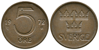 Швеция 5 эре 1972 U, Густав VI Адольф (1950-1973) первый год KM 845 бронза 3458-143