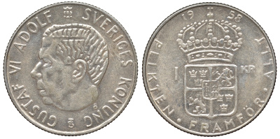 Швеция 1 крона 1958 TS, Густав VI Адольф (1950-1973) KM 826 серебро 4178-737