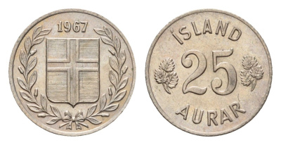Исландия 25 эйре 1967 KM 11 медно-никель UNC 4625-355