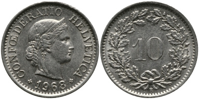 ШВЕЙЦАРИЯ 10 РАППЕНОВ 1968 В KM 27 медно-никель 33-247