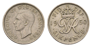Великобритания 6 пенсов 1950 Георг VI (1936-1952) KM 875, Spink 4110 медно-никель 4696-816