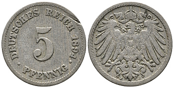 ГЕРМАНИЯ 5 ПФЕННИГОВ 1894 J KM 11, J. 12 медно-никель 39-659