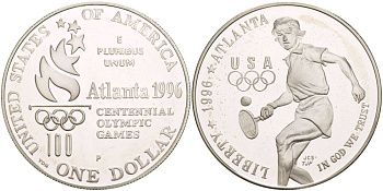 США 1 доллар 1996 Р, XXVI Олимпийские игры в Атланте, большой теннис KM 269 серебро PROOF 1081-6-14