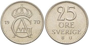 Швеция 25 эре 1970 U, Густав VI Адольф (1950-1973) KM 836 медно-никель 4516-466