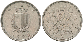 Мальта 25 центов 1993 шиповник вечнозелёный KM 97 медно-никель 183-1232