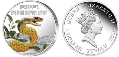 Тувалу 1 доллар 2010 DANGER, серия опасные животные Австралии, восточная коричневая змея, цветная эмаль, в оригинальной коробке, с сертификатом KM NEW серебро PROOF 7-1-1-28