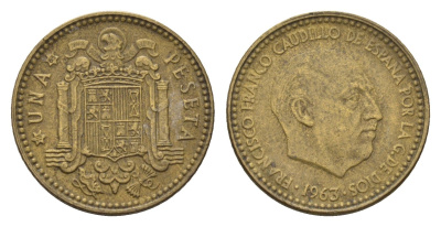Испания 1 песета 1963 (65) Франсиско Франко (1939-1975) KM 775 алюминиевая бронза 4708-416