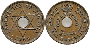 Нигерия 1/2 пенни 1959 Елизавета II (1952-), Британский протекторат KM 1 бронза 4387-216
