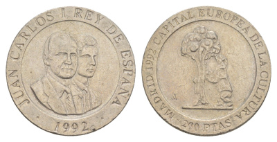 Испания 200 песет 1992 Мадрид – культурная столица Европы, Медведь, залезающий на дерево KM 910 медно-никель 4604-1136