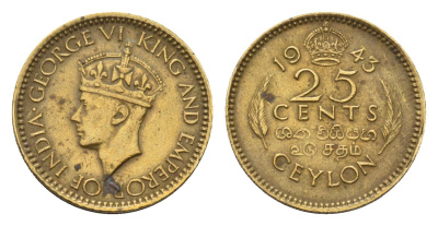 Цейлон 25 центов 1943 Георг VI (1936-1952), год-тип KM 115 никель латунь 26-768