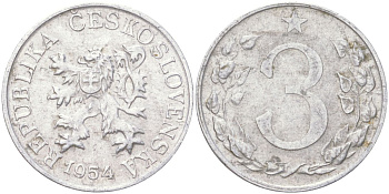 Чехословакия 3 геллера 1954 KM 36 алюминий 4613-1036