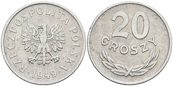 Польша 20 грошей 1949 KM 43а, Parchimowicz 207b алюминий 08-921