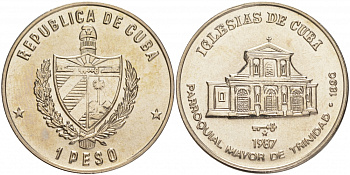Куба 1 песо 1987 серия церкви Кубы, церковь Святой Троицы в Тринидаде KM 152 медно-никель UNC 1526-833 M36-1