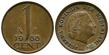 НИДЕРЛАНДЫ 1 ЦЕНТ 1966 ЮЛИАНА KM 180 бронза 4385-667