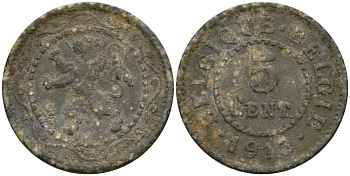 Бельгия 5 сантимов 1915 Belgie KM 80 цинк 4136-522