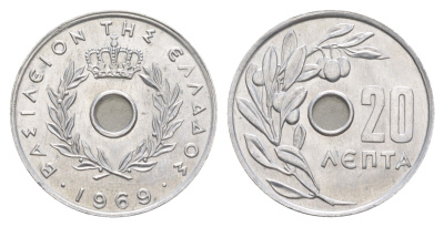 Греция 20 лепт 1969 Константин II (1964-1973), оливковая ветвь KM 79 алюминий UNC 4573-1151