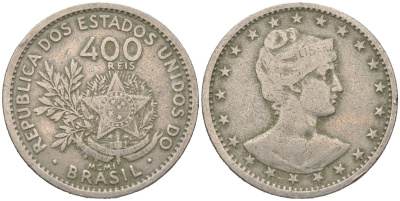 Бразилия 400 реалов 1901 MCMI, голова свободы вправо KM 505 медно-никель 4612-425