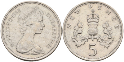 Великобритания 5 пенсов 1968 Елизавета II (1952-2022) KM 911, Spink 4233 (D1) медно-никель 4592-337