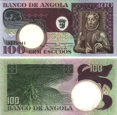 АНГОЛА 100 ЭСКУДО 1973 10 ИЮНЯ 1973, ЛУИС де КАМОЭНС, ПОДПИСЬ 10 Pick 106 бумага UNC (ПРЕСС) 7116-47-1-2