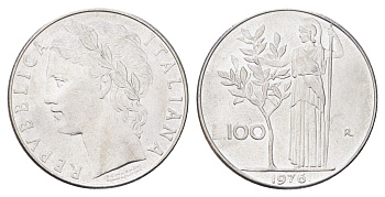 Италия 100 лир 1976 R, Афина в доспехах KM 96.1 нержавеющая сталь 4704-726