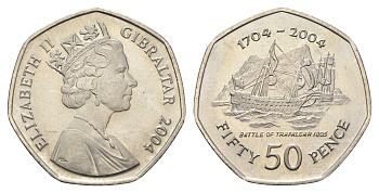 Гибралтар 50 пенсов 2004 300 лет захвату Гибралтара. 200 лет Трафальгарскому сражению KM 1050 медно-никель UNC 4666-336