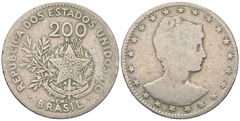 Бразилия 200 реалов 1901 MCMI, голова свободы вправо KM 504 медно-никель 4612-245