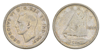 Канада 10 центов 1944 Георг VI (1936-1952), парусник KM 34 серебро 4639-547