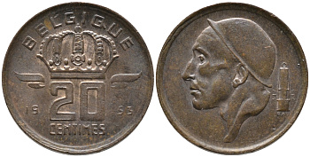 БЕЛЬГИЯ 20 САНТИМОВ 1953 BELGIQUE KM 146 бронза 99-1168