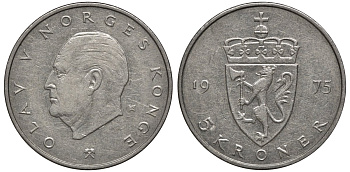 Норвегия 5 крон 1975 Улаф V (1958-1991) KM 420 медно-никель 81-832